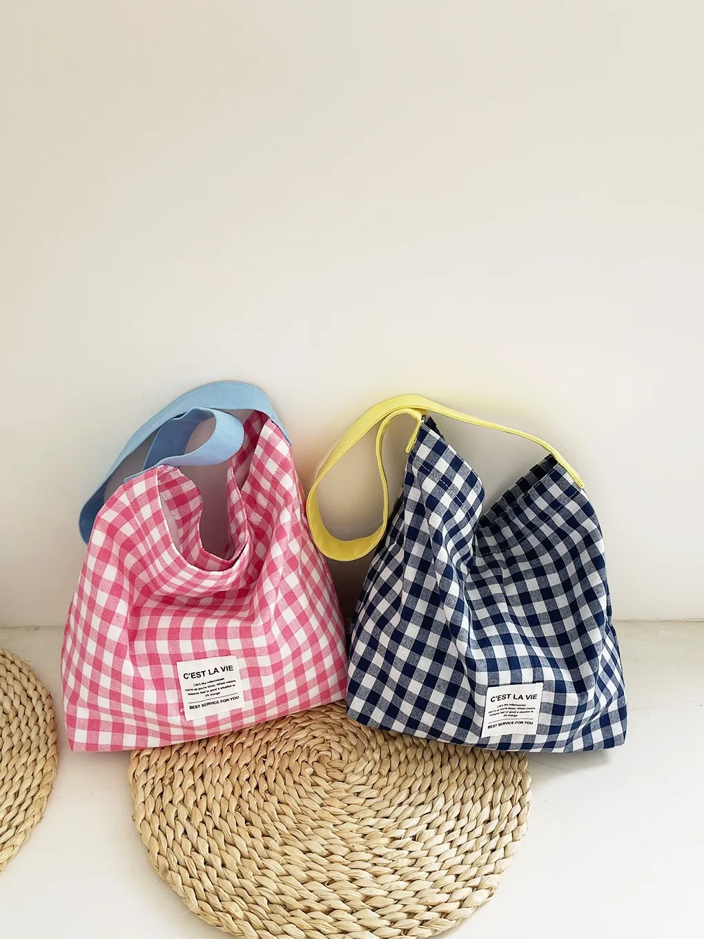 

Large Capacity Collision Color Plaid Canvas Bag Casual Simple Commuting Shoulder Bag Shopping Bag Handbag Tote Bag