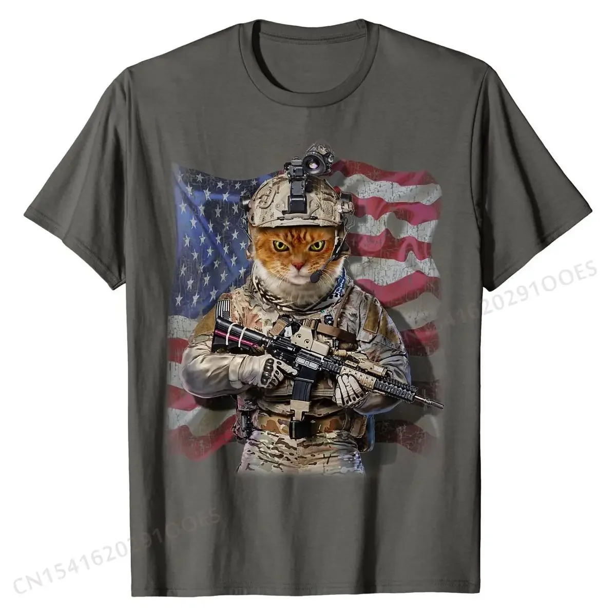 USA America  Tabby Cat as Army T-Shirt Cotton Normal Tops Shirts Latest Mens Top T-shirts Custom