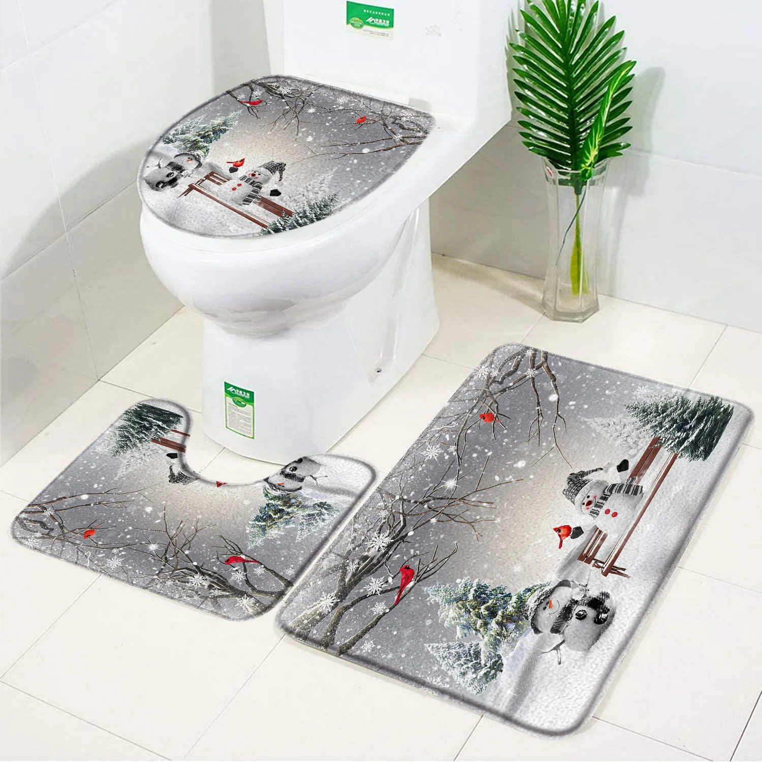 Merry Christmas Bath Mat Sets Red Xmas Balls Snowflake New Year Carpet Home Bathroom Decor Floor Rugs Doormat Toilet Lid Cover