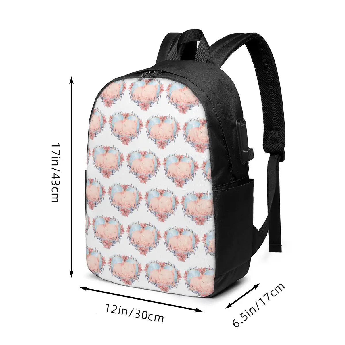 Adorable Pig And Floral Print Backpack Travel Notebook Bag Computer College Student School Bag Laptop Shoulder Bags Men Women