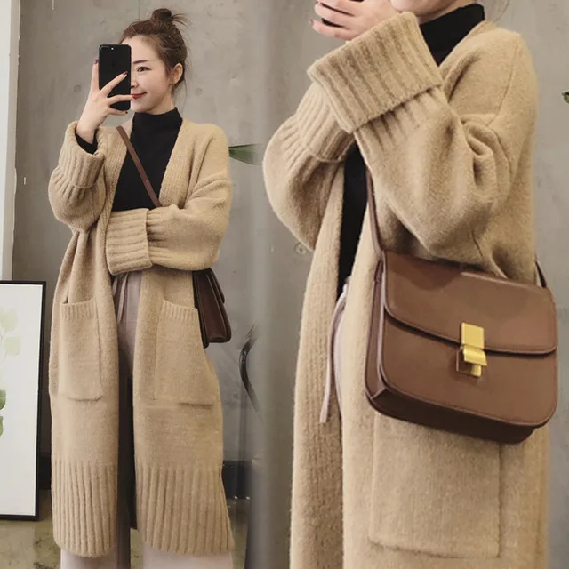 Jesienno-zimowy sweter z dzianiny damski sweter kurtka 2023 elegancki Vintage luźna długa odzież wierzchnia Maxi Y2k sweter płaszcz miękka kurtka