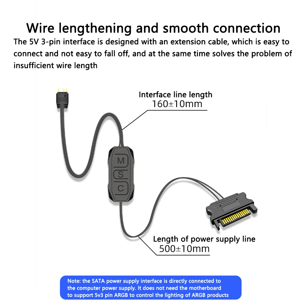 2024 New Argb Mini Controller With Lengthen Cable Wide Compatibility 5v 3-pin To SATA Power Supply RGB Sync Controller