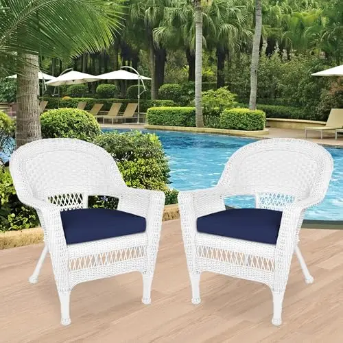 Wicker Chair with Blue Cushion, Set of 2, White/W00206-