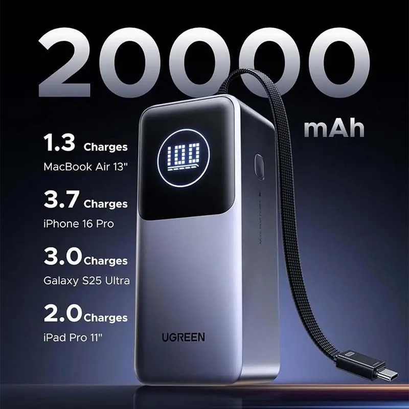 UGREEN Nexode 130W 20000mAh CCC Power Bank Build-in Retractable Cable Smart TFT Display Portable PowerBank for Macbook Original