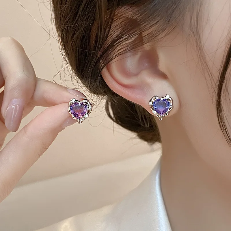 Y2K Purple Crystal Heart Stud Earrings for Women Egirl Fashion Gradual Zircon Lava Personality Earrings Party Jewelry Gift