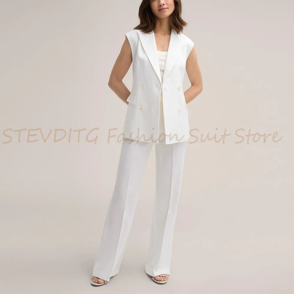 

Summer White Women's Two Pieces Suit Set Double Breasted Sleeveless Jacket Pants Sets Office Banquet Business Female Clothing