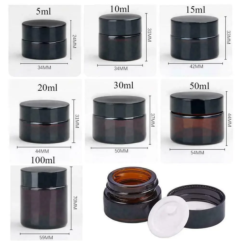 2pcs 5ml/10ml/15ml/20ml/30ml/50ml Glass Amber Cosmetic Face Cream Bottle Lip Balm Container Jar Pots Makeup Vials