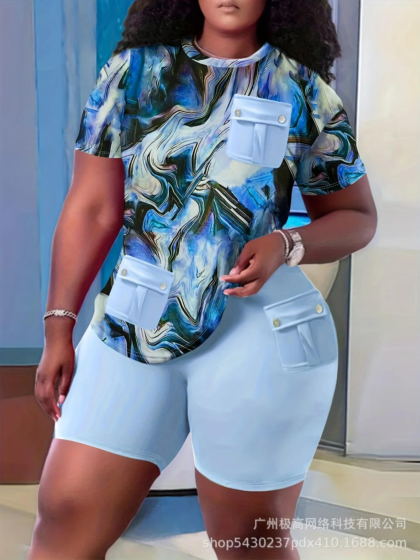 블루밍 타이 다이 프린트 포켓 스티치 반팔 티셔츠, 티셔츠 탑, 하이 웨이스트 반바지, 의류 세트, 신제품