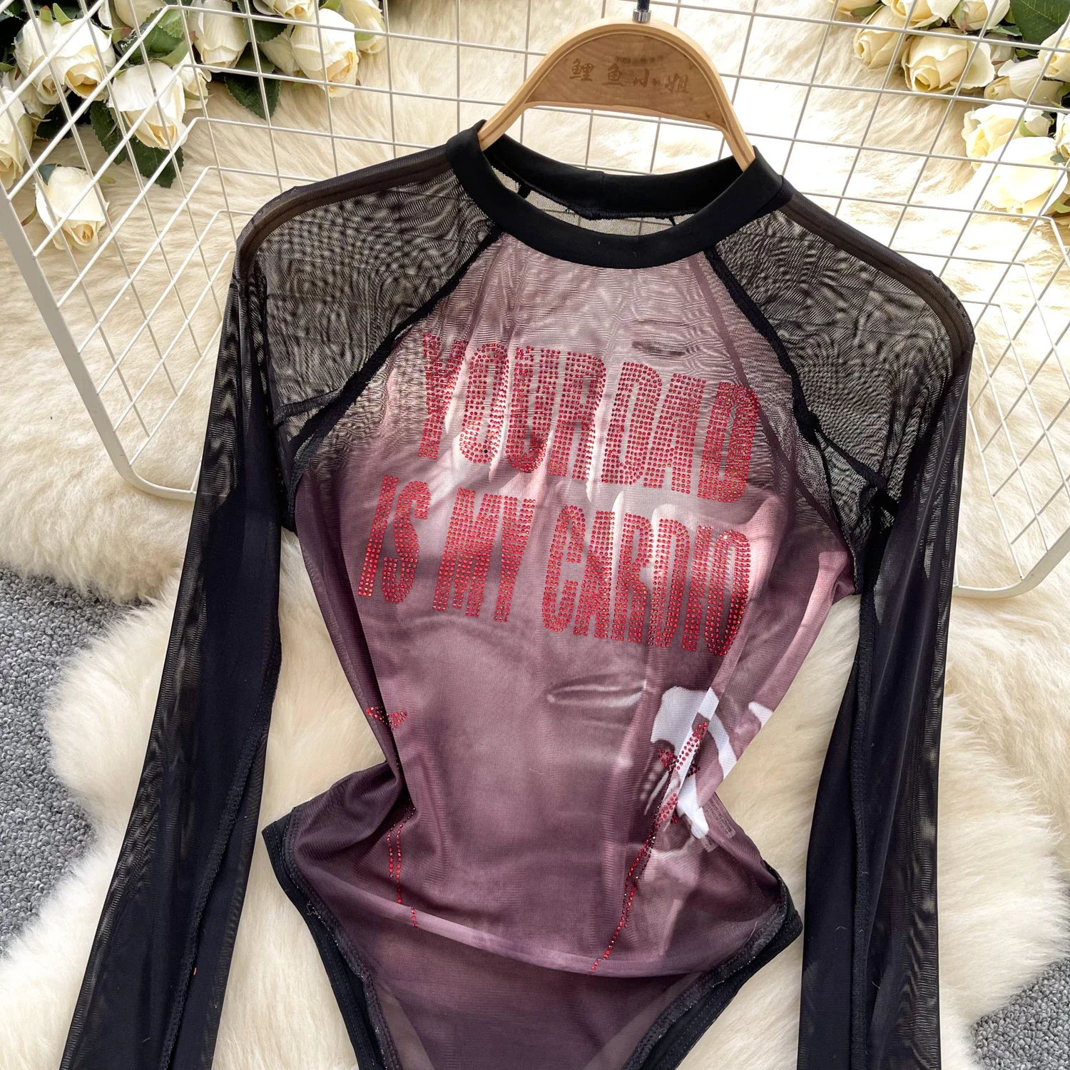 Hotsweet O-neck Letter Print See Through Mesh Spliced Elegant Long Sleeves Vintage T-Shirts Bodysuits High Street Sexy Jumpsuits