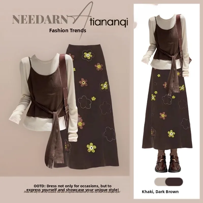 

Korean College Sle Knitted Tee-Piece Set Spring Design Color Colion Tank Top ter Ne Skirt for Women