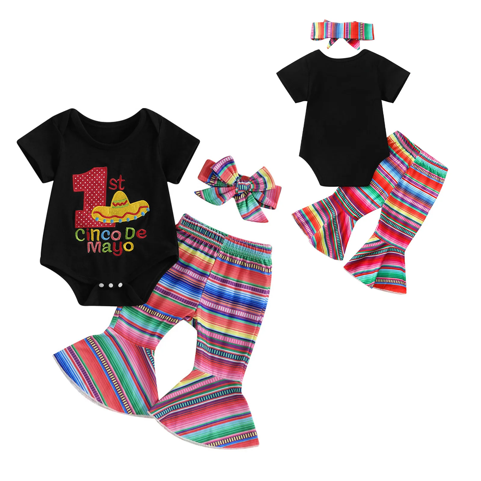 

Наряд для девочек на первый день рождения, костюм для фотосессии в стиле Синко де Майо, комбинезон с короткими рукавами и расклешенными брюками, повязка на голову