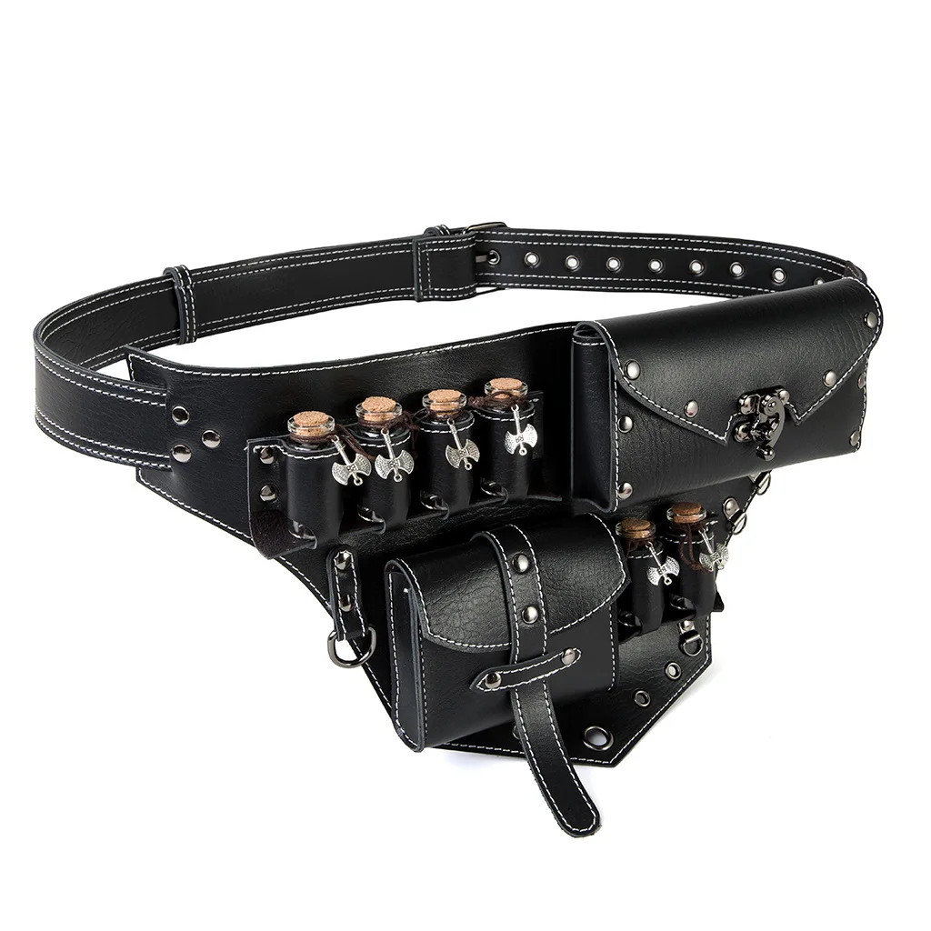 european-and-american-style-medieval-retro-steampunk-pu-leather-black-waist-bag-women's-gothic-style-utility-belt-for-cosplay
