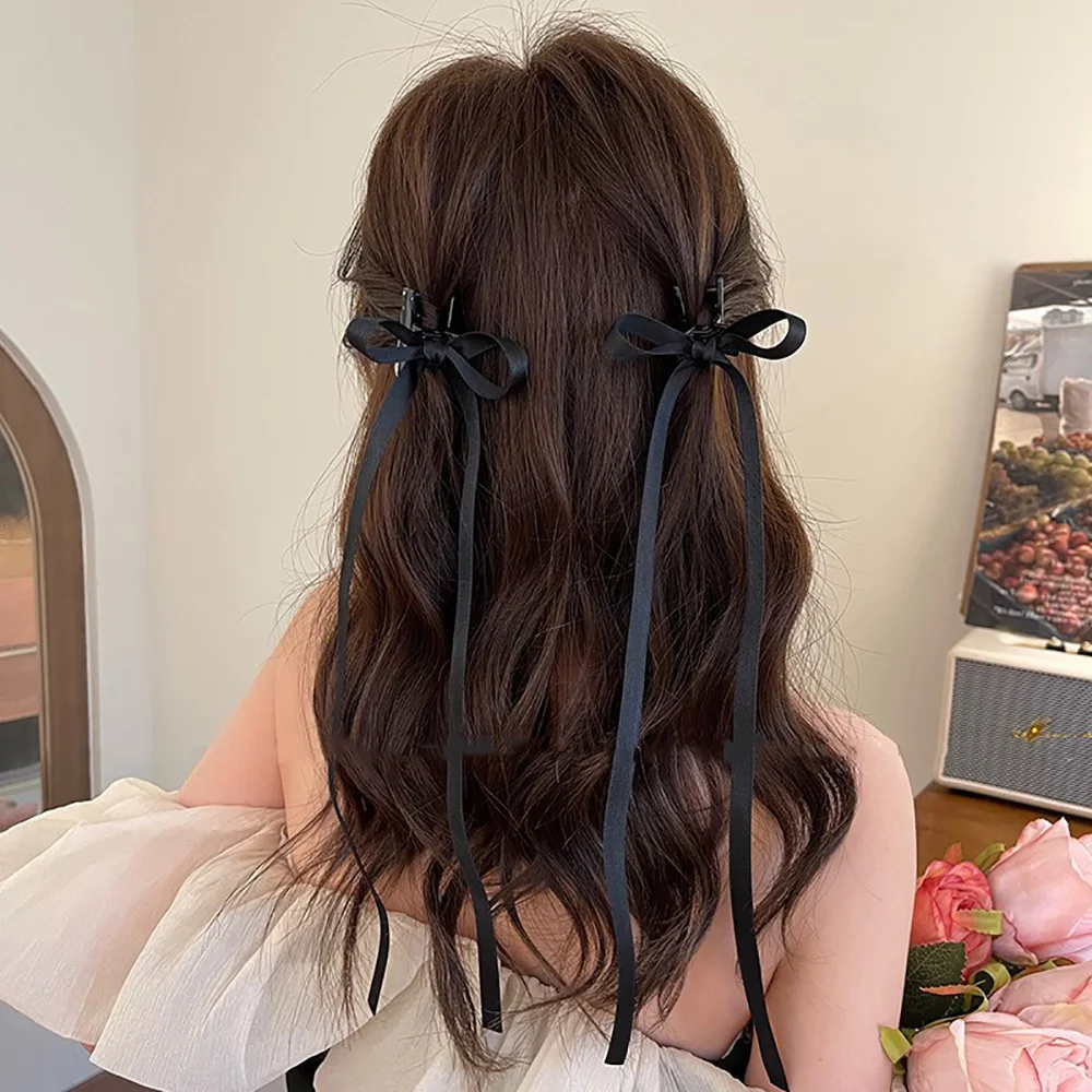 1PCS Y2K Ribbon Bow Hair Clips With Long Tassel Sweet Small Hair Claw Clips Girls Long Tail Bownot Hairpins Hair Accessories