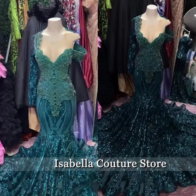 

Hunter green Mermaid Prom Dresses Crystals Beaded Evening Gowns black girl Long Sleeve Sexy Pageant Birthday Party Dress