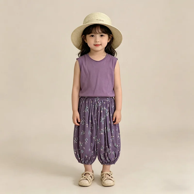 Summer Girls Set Baby Childrens Fashion Korean Version Sen Style Floral Sleeveless Solid Color Vest Mosquito Proof Lantern Pants