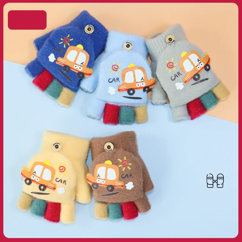 Kinderhandschuhe Cartoon Warm Baby Niedlich Halbfinger Flip Cover Winter Schreiben Dual-Use Jungen Fünf-Finger gestrickt verdickt
