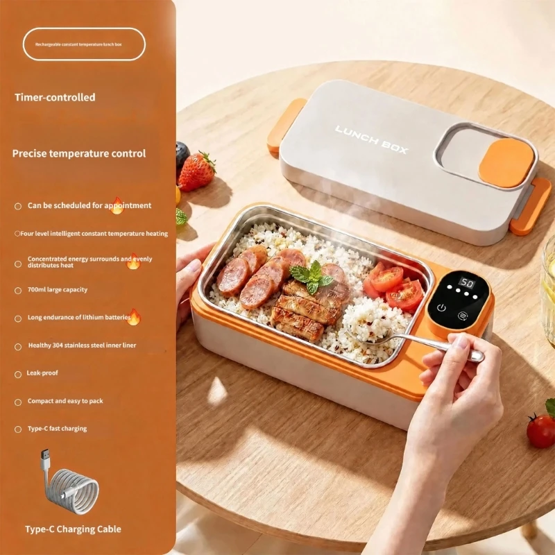 Rechargeable Heated Lunch Box with Programmable Heating Schedule, Four Selectable Temperatures, and Automatic Stop B03E