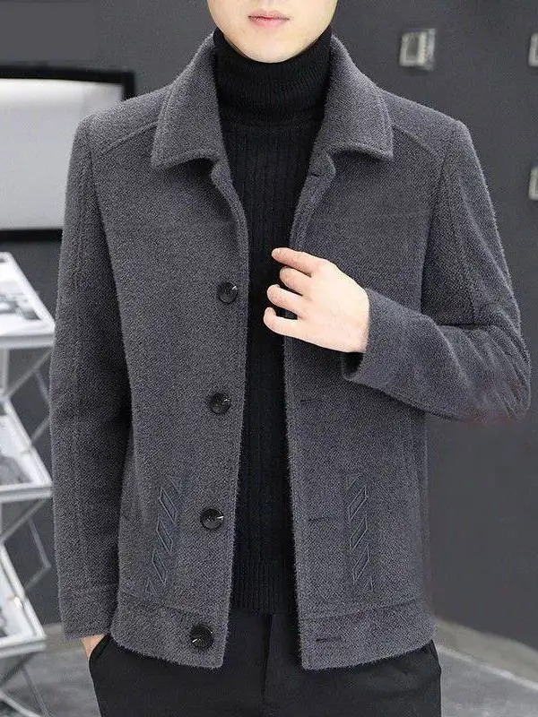 

Comfortable Korean Sle Men's Woolen Jaet Autumn Winter Coat Faionable Casual Outerwear Stand Fit Breathable