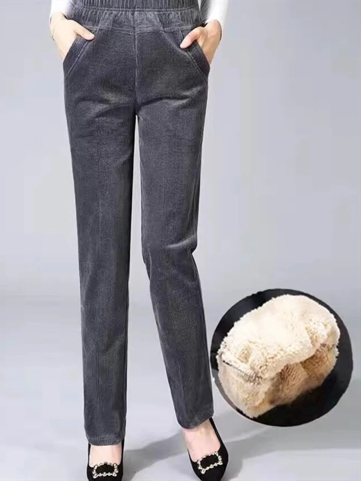 بنطلون هارلان سميك للخريف والشتاء، بنطلون نسائي كاجوال مستقيم الساق، خصر عالي، مبطن بفرو الغنم، بنطلون أمهات من القطيفة المضلعة