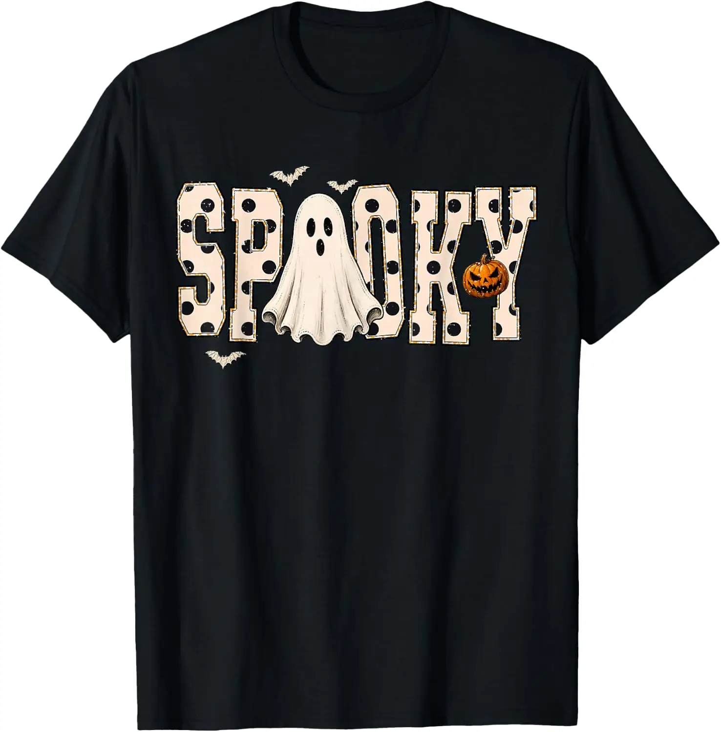 Retro Ghost Spooky White Dots Preppy Halloween T-Shirt Unisex Holiday Theme Graphic Print T‑Shirt Halloween Christmas Thanksgiving Festive Party Short Sleeve Cotton Tee Tops Men Women.