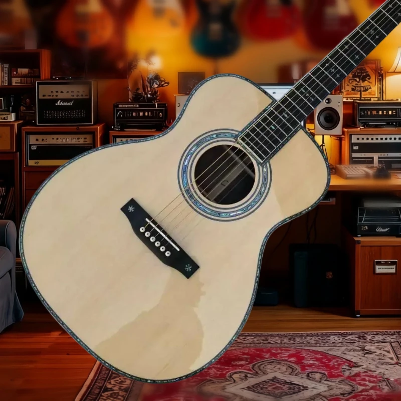 

Подарок на Рождество OM42 теплый белый черный деревянный гриф Picea Asperata Body однотонный верх акустическая гитара Бесплатная доставка