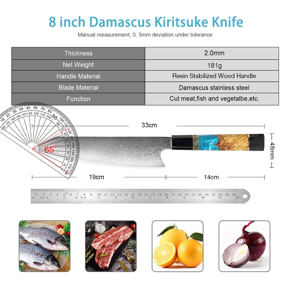 Damascus Kiritsuke Chef Knife 8 inch Kitchen Knives Japanese VG10 Damascus Steel Cooking Knife Pro Meat Knife for Sushi Poultry