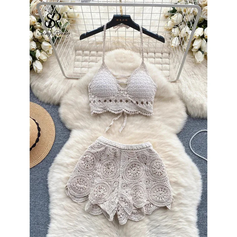 ZIXIN Beachwear Knitted Suit Backless Sexy Camis+Hooked Hollow Wide Legs Shorts 2024 Y2k Vacation Women Summer Two Piece Set