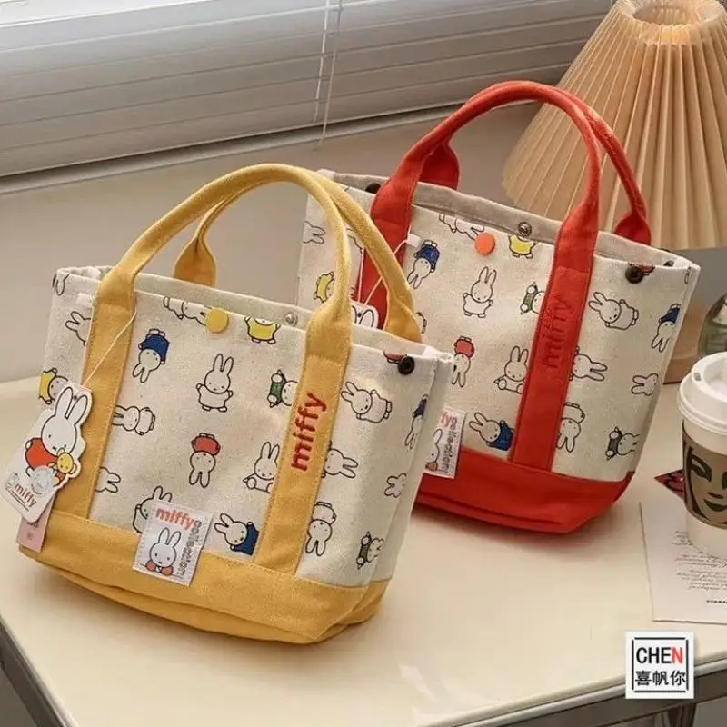 

New Cute Printed Canvas Bag Kawaii Anime Cartoon Miffy Fashion Handheld Bento Latch Handbag Birthday Gift for Festival Girls