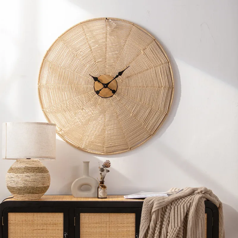 Handwoven Rattan Wall Clock Simple Living Room Clocks Silent Quartz Large Round Wall Watch Rustic Style Decor Ornament Clock
