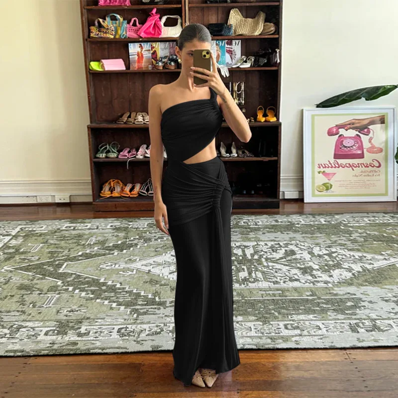 อารมณ์เซ็กซี่ SLIM FIT สัมผัสสะดือสายคล้องไหล่เดี่ยวปิดไหล่ตาข่ายดูผ่าน Twisted Pleat ริบบิ้นผู้หญิงชุด