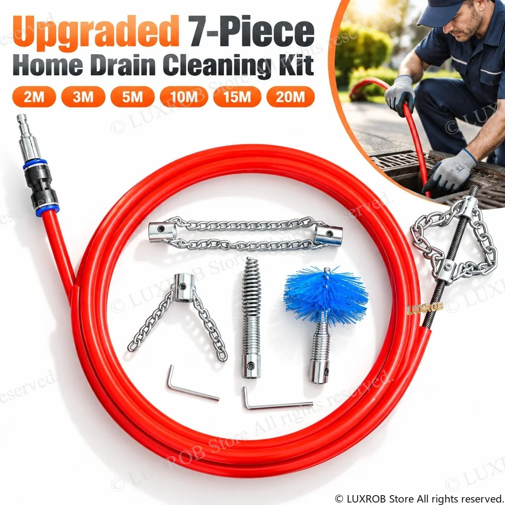 Upgraded 7PCS Drain Cleaning Kit, 5 Replaceable Cutters, Steel Pipe Auger Snake, Self Help Sewer Unclogger for Home Plumbing