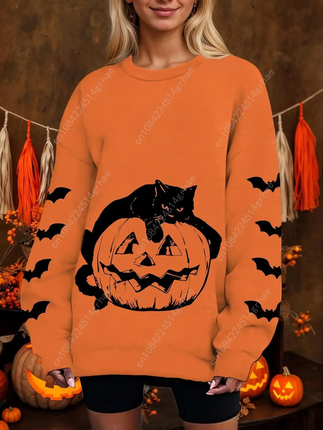 Black Cat on Pumpkin Oversized Sweatshirt Halloween Sweatshirts for Women Fall Pumpkin Face Long Sleeve Pullover Tops