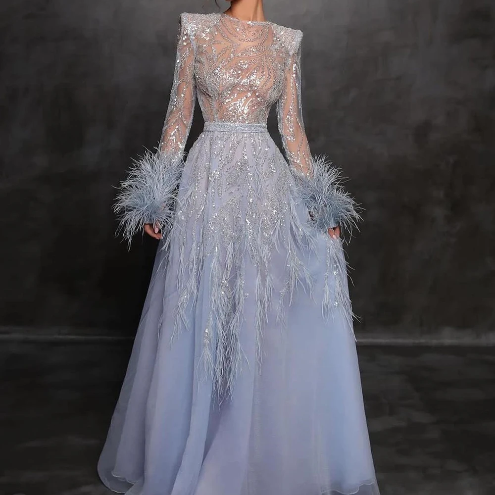 

Exquisite and Luxury Straight Organza Sequined Evening Dress Photo Color Floor Length Long Sleeves Feathers Bespoke Occasion Go