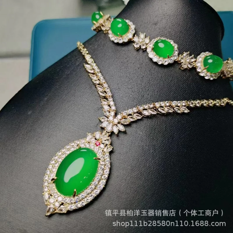 High Quality Jadeite Jade Silver-Plated Zircon Full Inlaid Emerald Green Chalcedony Pendant-Shaped Surface A view 2