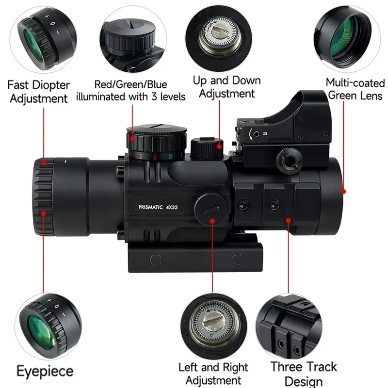 Tactical 4x32 Optical Red Green Blue Three Color Crosshair Reticle Scope with HD107R Optics Red Dot Combo Hunting Accessoirey