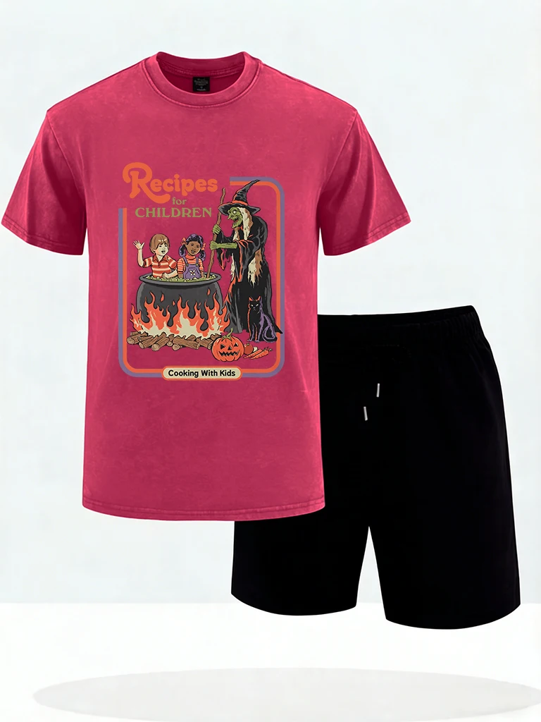 

Recipes For Children Print Men Washed T Shirt Summer Trendy Tee Casual Cotton Shorts Set Loose Comfy Sportswear Pocket Gym Pants