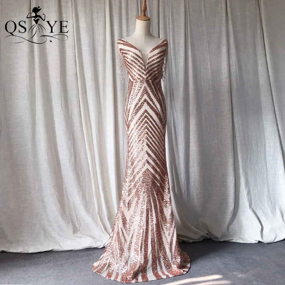 

Sparkle Stripe Pattern Golden Evening Dresses Sequin Mermaid Prom Gown Glitter Triangle Party Dress Crystal Beadings Formal Gown