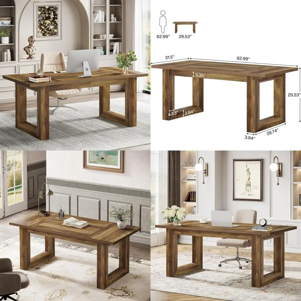 Large Modern Wooden Office Desk, 63-Inch Executive Computer Table for Home, Work Desk with Wooden Base - Spacious and Stylish