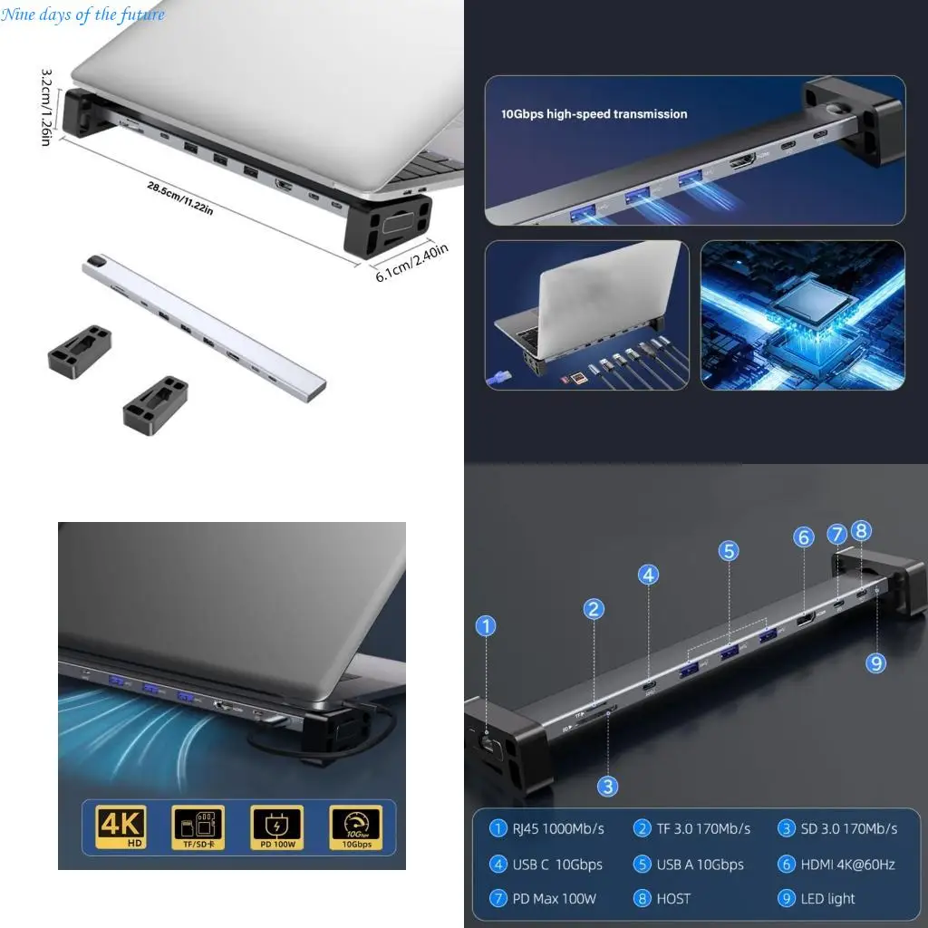 

USB C Hub 9 Port Docking Station 10Gbps Efficient with 4K60hz Video Transfer E65A