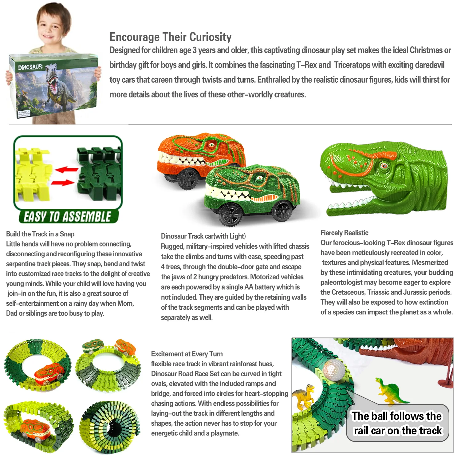 Juguetes de dinosaurios para niños, crea tu propia pista de carreras del mundo de dinosaurios, pistas de carrera flexibles para niños y niñas de 3 4