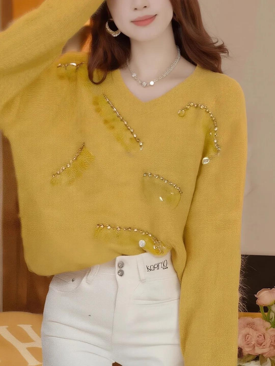 

Gorgeous Long Sve Sequin Sweater Korean Sle Soft Ele Autumn Winter New Arrival Women's Knitted Woolen Top V-Ne Warmth