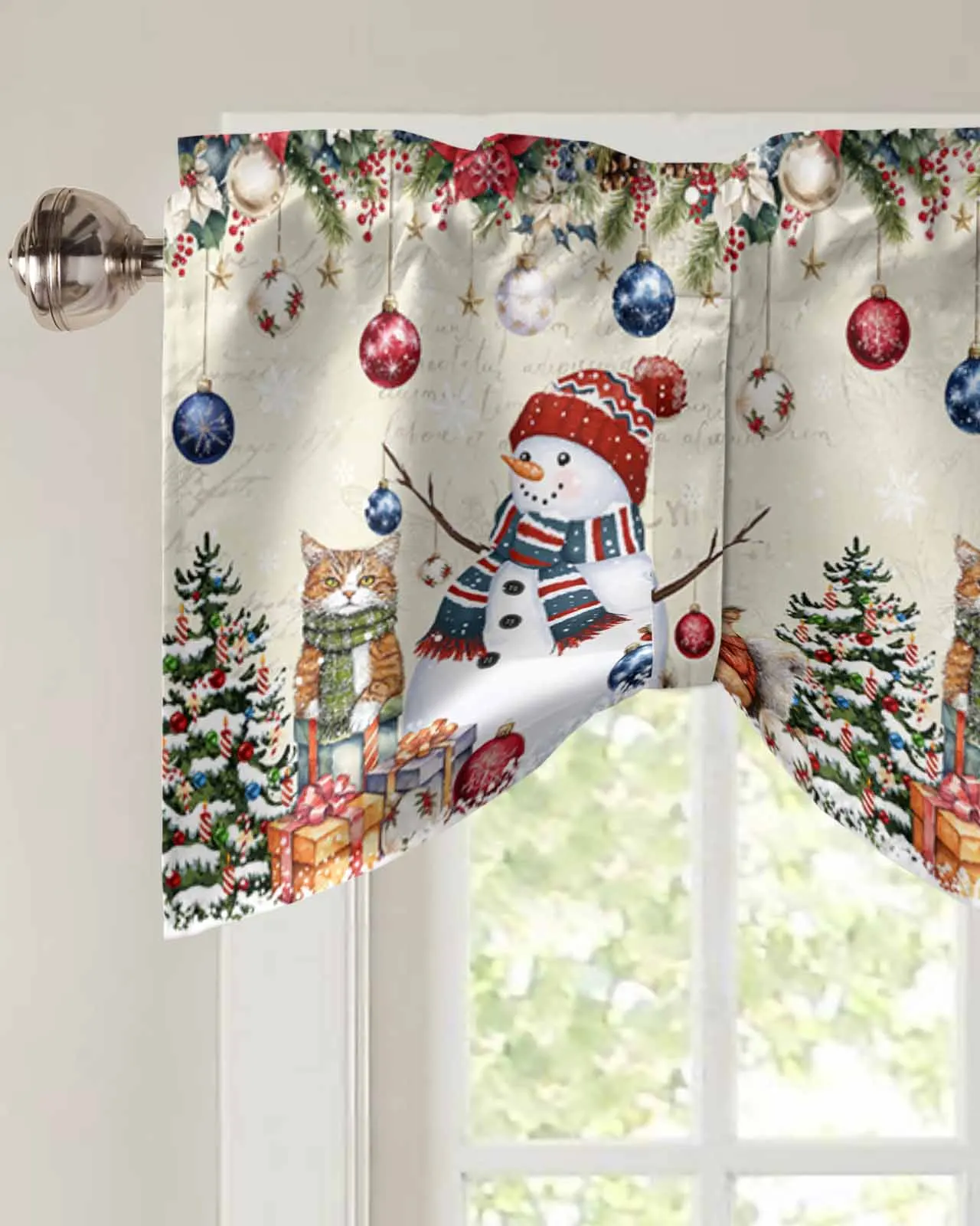 Christmas Tree Snowman Cat Squirrel Snowflake Ball Short Window Curtain Kitchen Cafe Cabinet Tie up Drapes Bedroom Home Decor