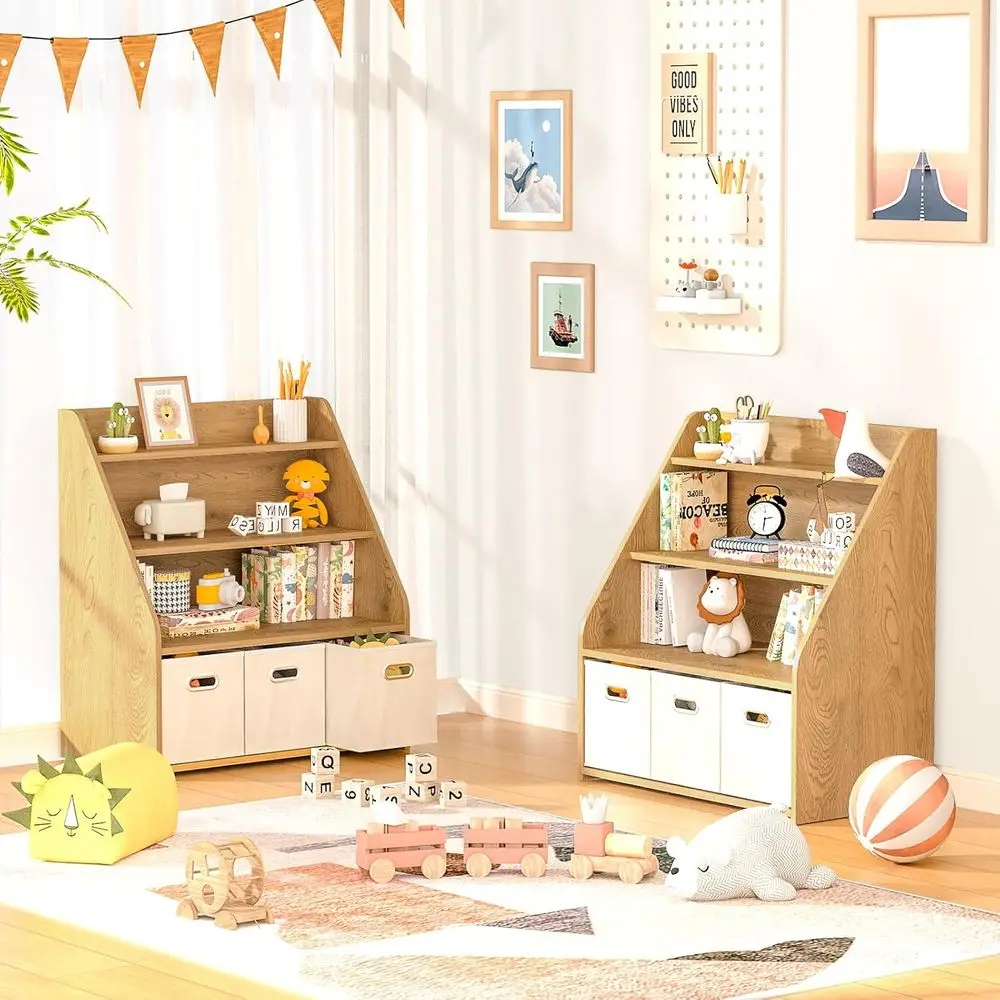 

Kids Bookshel with Toy Storage, 3 Tier Montori Toy Shel with Bookshel, Wooden Kids Bookcase, Toddler Baby Bookshel