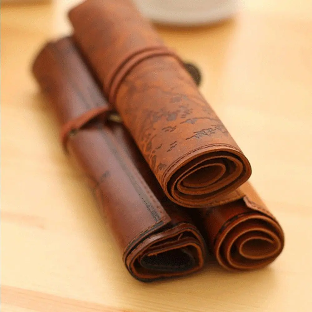 Unique Retro Luxury Treasure Map Roll Case Bag Purse Pouch Leather Cosmetic Make Up PU Bag Pen Pencil Case for School