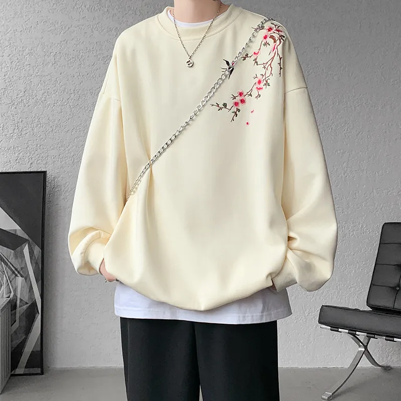 New Chinese Style Pull On Sweatshirts Men Fashion Embroidery Casual Hoodie Male Round Neck Loose Spring Autumn Streetwear Tops