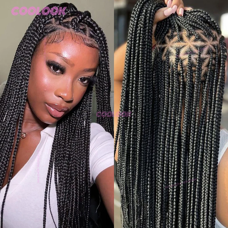 26-Zoll-Dreieck-Zöpfe-Haarperücke, synthetische Vollspitze, geflochtene Perücken für schwarze Frauen, knotenlose Box-Zopf-Perücke, Cornrow-Zöpfe, Spitzenperücke