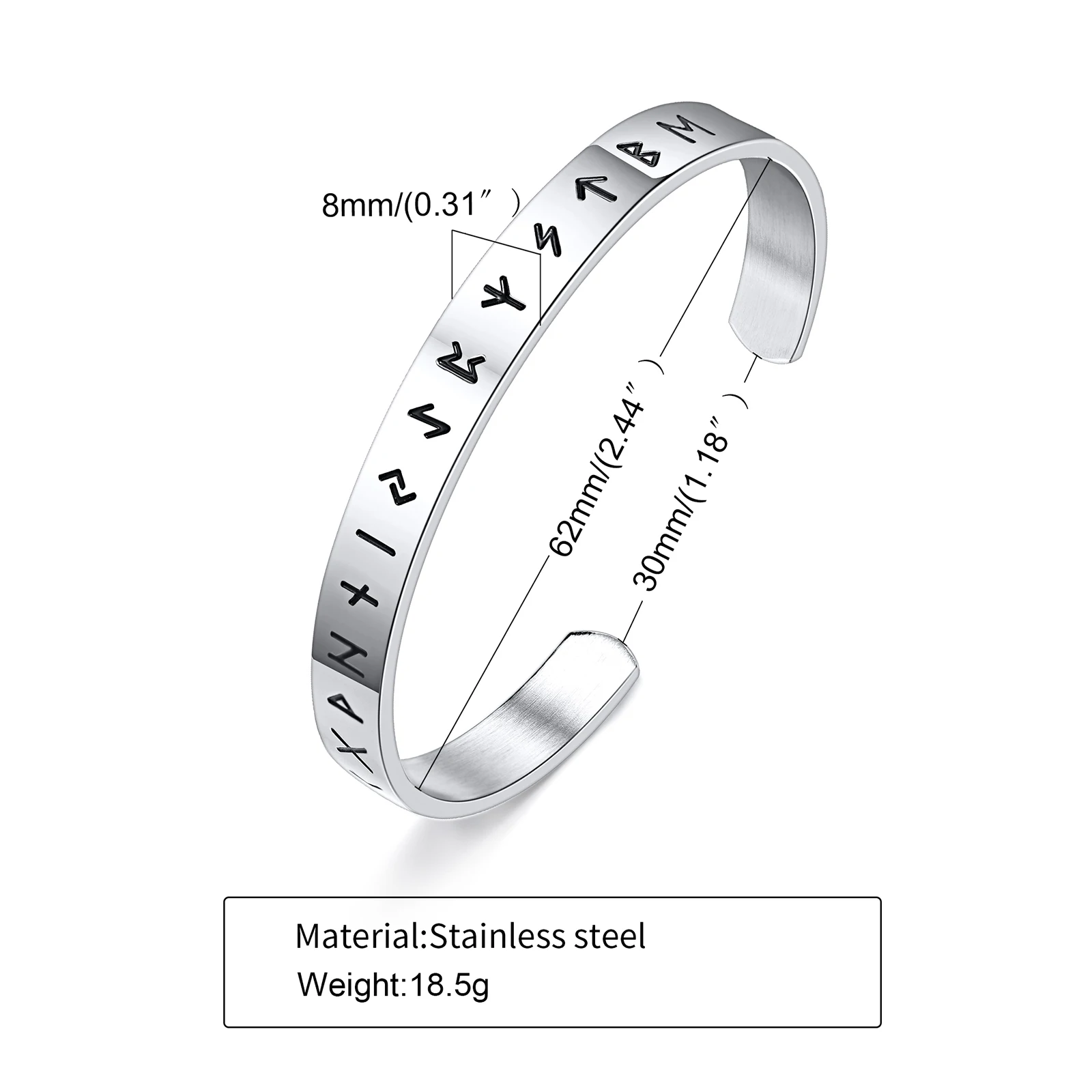 Vnox 8mm Viking armbanden voor mannen, Nordic Viking Rune Letters Amulet Manchet Bangle, Vintage Punk Rock Boy Bangle Vaderdag Cadeau