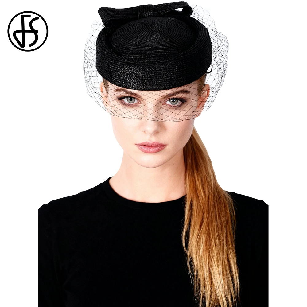 

FS Black White Elegant Straw Hats With Veil Tea Party Fascinator Hat For Women Luxury Bowknot Wedding Pillbox Cap Chapeau Femme