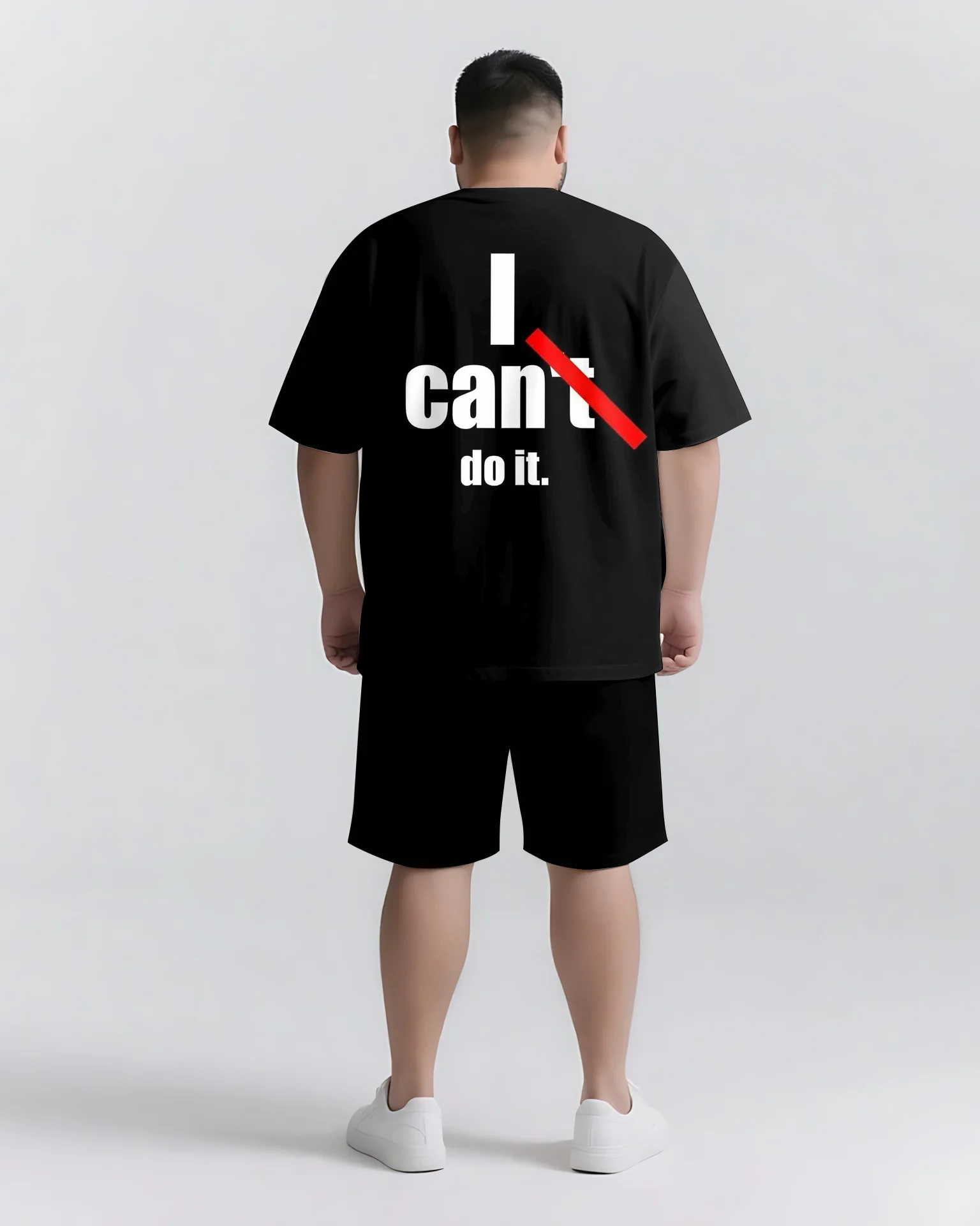 Men's Plus Size I Can Do It Slogan T-Shirt and Shorts Set, Red Strikeout Print, Short Sleeve Crew Neck, Summer Wear, S-9XL