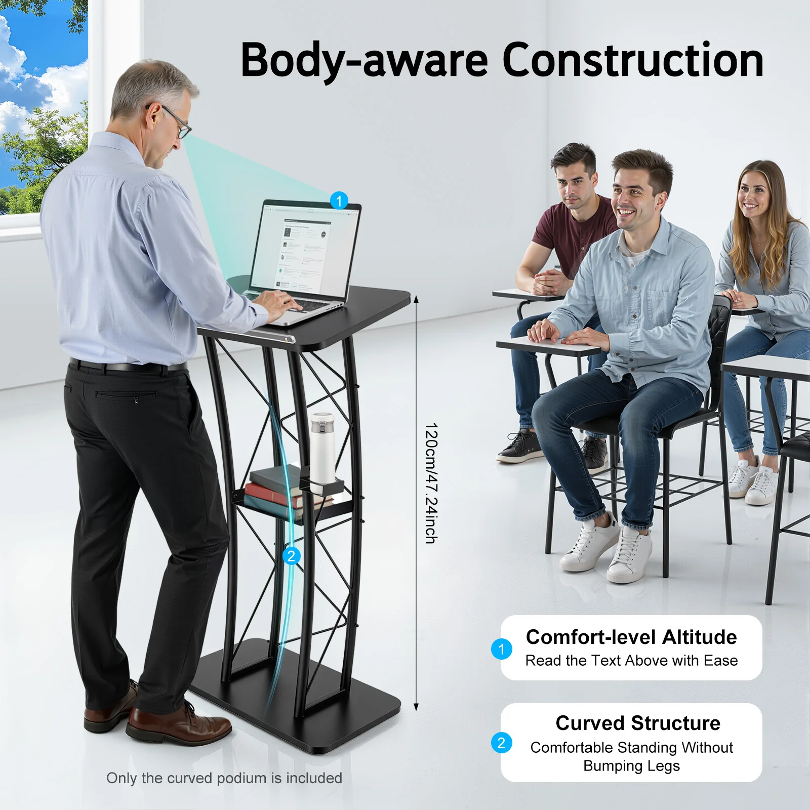 60*40*120cm Curved Podium Stand MDF Tabletop Iron Frame PS Anti-slip Baffle Stable Symmetric Base Built-in Side Cup Holder Anti-slip Top Baffle Prevent Document Sliding Smooth Black Surface Easy Install & Clean Lectern for Classroom Church Conference